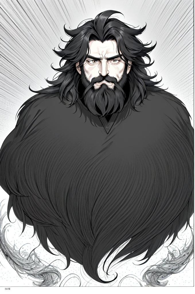 neocruz messy hair, black fur, wide, mustache with goatee beard, The lord of shadows hyper realistic super detailed line art comic style, black and white comic, Sleeve style, pointillism , achurado, black plastas