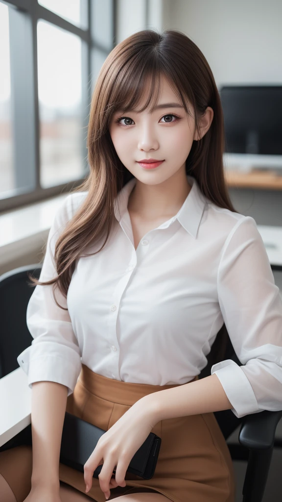 (1girl), (round eyes:1.2), (highly detailed face and eyes), smile, Amazing face and eyes, (no sleeve shirt:1.3), (Best Quality:1.4), (Ultra-detailed), (extremely detailed CG unified 8k wallpaper), Highly detailed, High-definition raw color photos, Professional Photography, Realistic portrait, Amazing face and eyes, indoors, office, (office lady, casual, No sleeve, mini Skirt:1.3), (A moment of relaxation), model, depth of fields, (fine face:1.2),