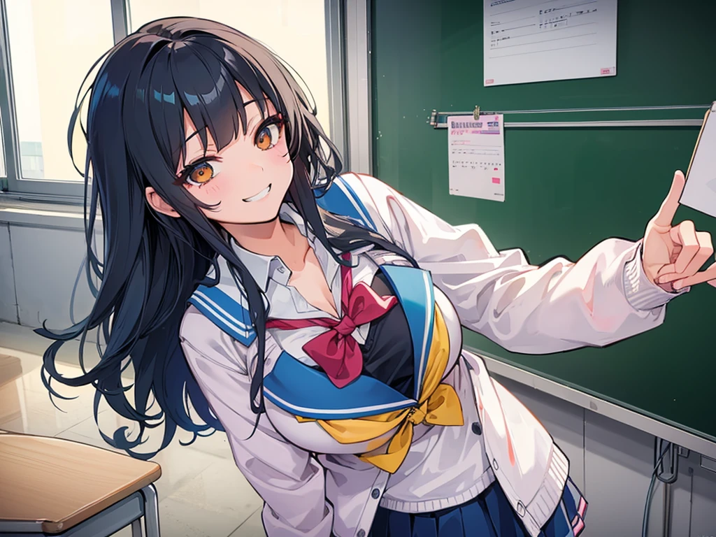 high school girl、Dressed in high 、School classroom、(Big Breasts)、Grinning face、((独奏))、smirk