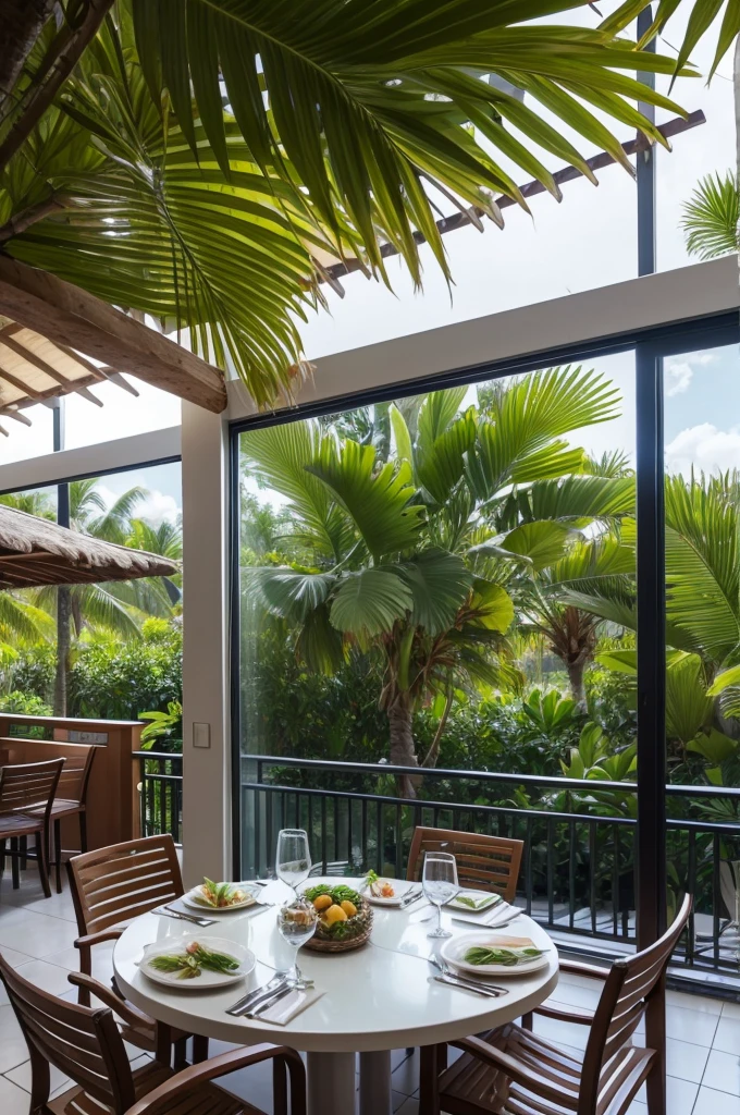 Crie uma area externa de um hotel tropical, with spaces to eat