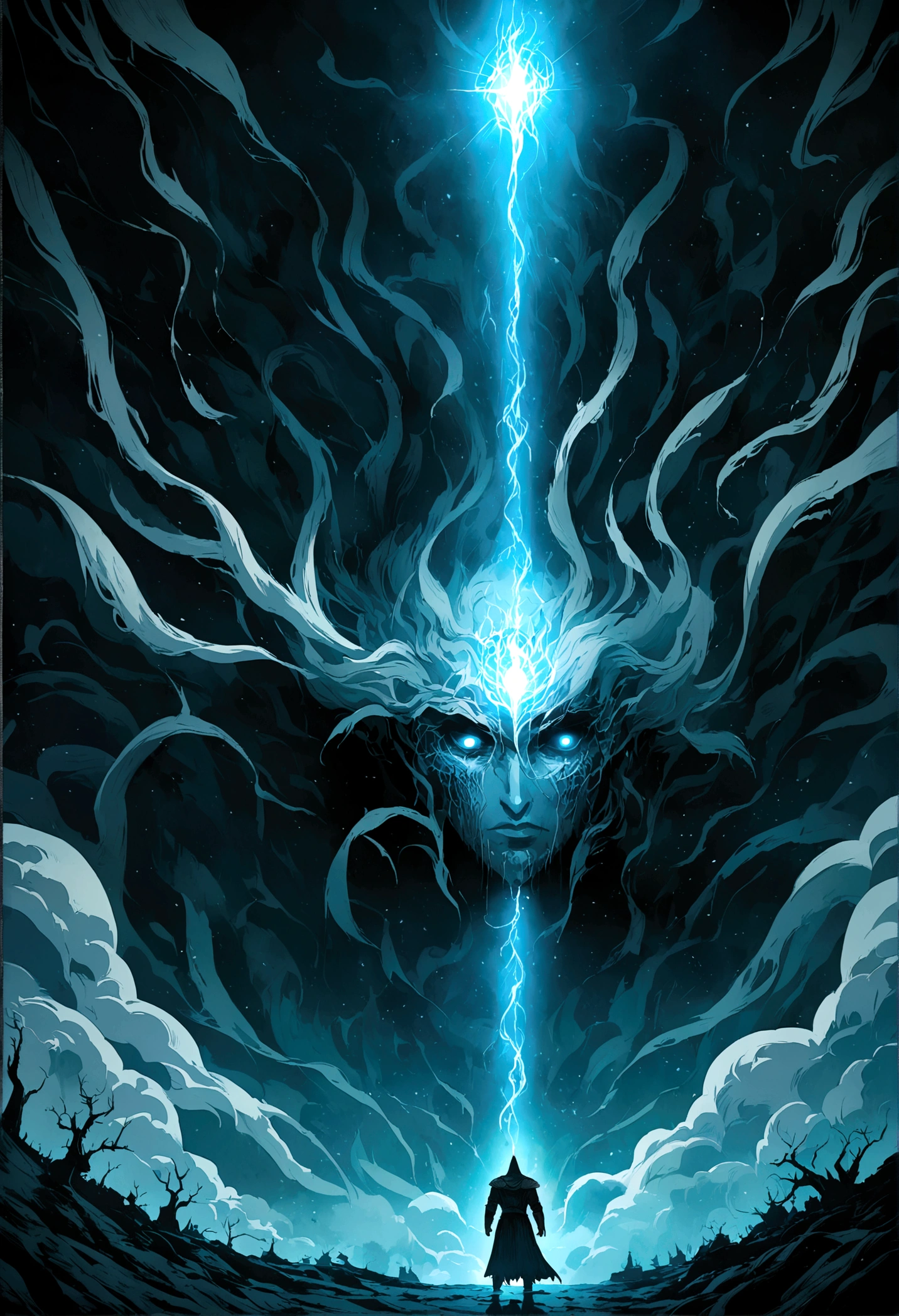illustration in anime style, a magician guy fights using magic, in the style of Elden Ring, dark souls, an atmosphere of darkness and gloom, the magician's eyes are checked with blue light