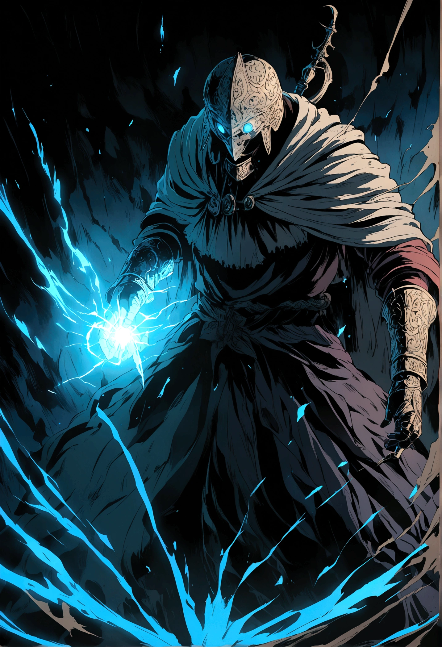 illustration in anime style, a magician guy fights using magic, in the style of Elden Ring, dark souls, an atmosphere of darkness and gloom, the magician's eyes are checked with blue light