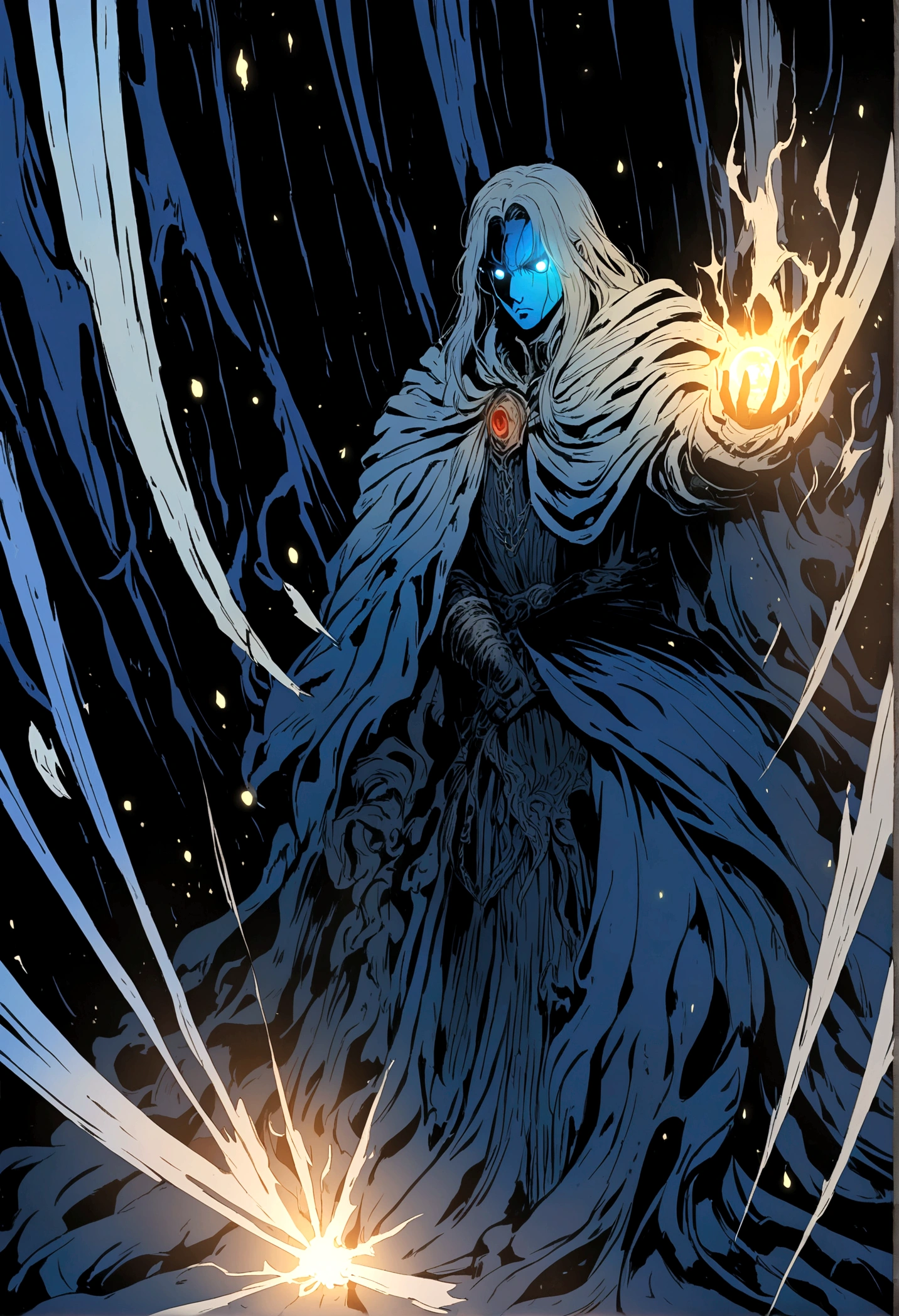 illustration in anime style, a magician guy fights using magic, in the style of Elden Ring, dark souls, an atmosphere of darkness and gloom, the magician's eyes are checked with blue light
