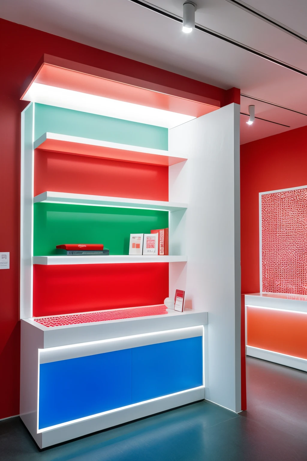  Create an image of a startup museum with bright red and white colors. The museum must have the name "Kalary" prominent at the entrance and within the space, with holographic projections that tell the story of student innovation and creativity. Hexagon Honeycomb Shelves (of many pastel colors) display products, and the environment must be modern and energizing, with LED lighting in white and red tones, in addition to interactive stations to learn about the entrepreneurial process.