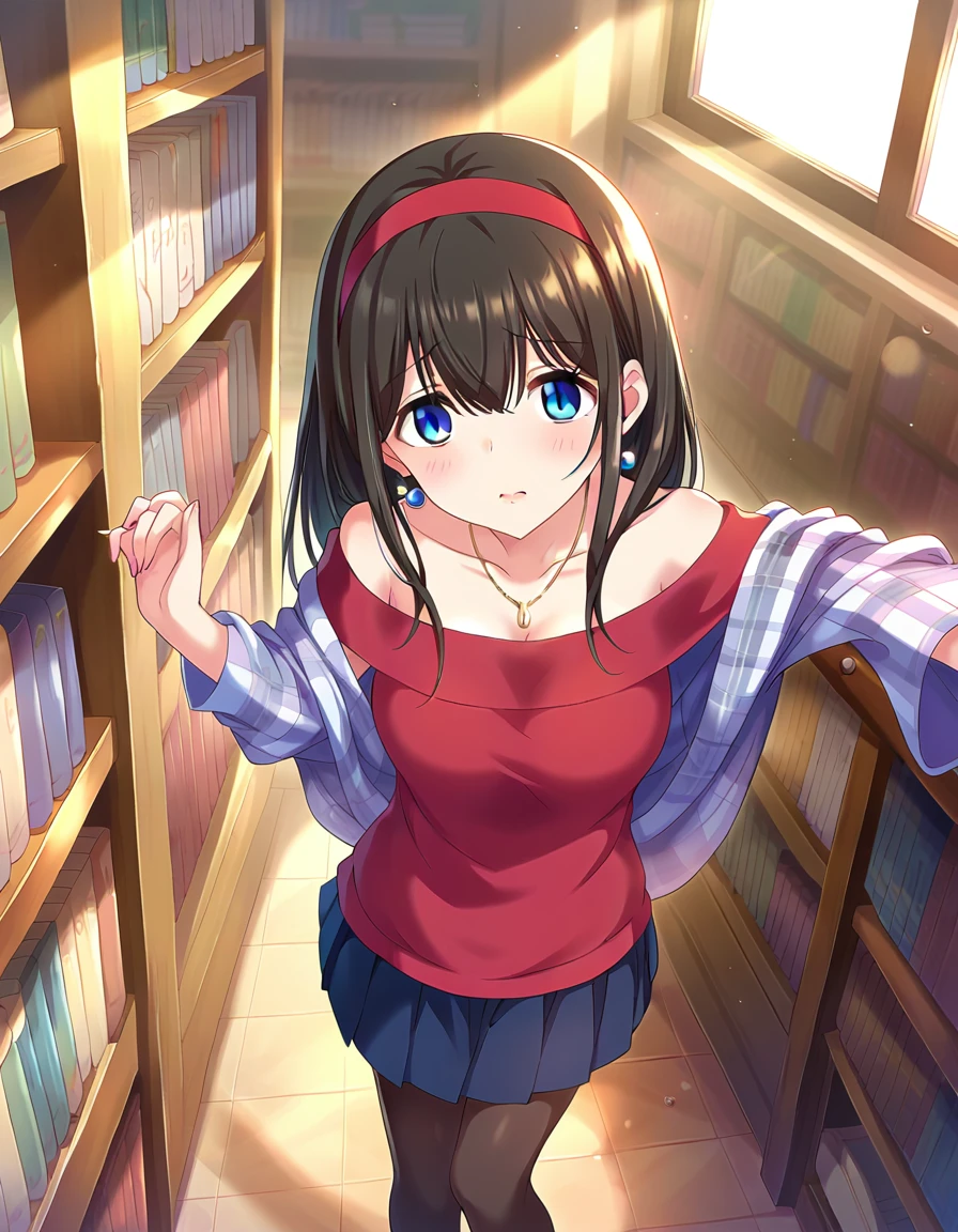 nsfw, score_9, score_8_superior, score_7_superior, sauce_anime,
One girl, Cute Woman, alone, shy, Standing, , scared,  (lie on own back), (overhead shot), ,
indoor, library, sunlight, window,  Bookshelf, 
 sgswfmk, Long Hair, Brown Hair, Black Hair, Long bangs, (目のsuperiorの髪:1.1), blue eyes, Large Breasts, 
Red Hairband,
lipstick, Fine grain, eyelash, eyeliner, jewelry, necklace, bracelet, Earrings, 
Casual Dresses,  sweater,  Off the shoulder, clavicle,  Long sleeve, Pleated skirt, belt, pantyhose,  Checked shawl,