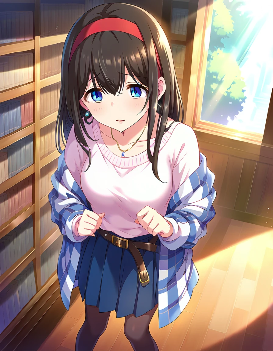 nsfw, score_9, score_8_superior, score_7_superior, sauce_anime,
One girl, Cute Woman, alone, shy, Standing, , scared,  (lie on own back), (overhead shot), ,
indoor, library, sunlight, window,  Bookshelf, 
 sgswfmk, Long Hair, Brown Hair, Black Hair, Long bangs, (目のsuperiorの髪:1.1), blue eyes, Large Breasts, 
Red Hairband,
lipstick, Fine grain, eyelash, eyeliner, jewelry, necklace, bracelet, Earrings, 
Casual Dresses,  sweater,  Off the shoulder, clavicle,  Long sleeve, Pleated skirt, belt, pantyhose,  Checked shawl,