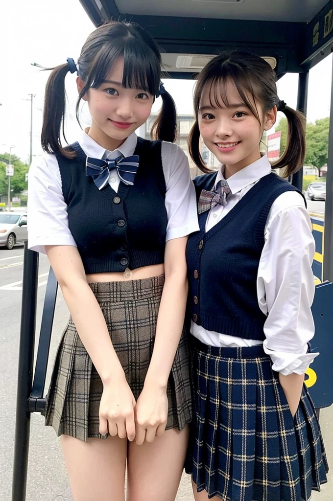 2 girls standing at bus stop,navy blue knitted vest over white shirt,white thong,navy blue pleated micro mini skirt,plaid bow tie,hands on crotch,spreading legs apart,18-year-old,bangs,a little smile,thighs,knees,short hair with low pigtails,from before,front light