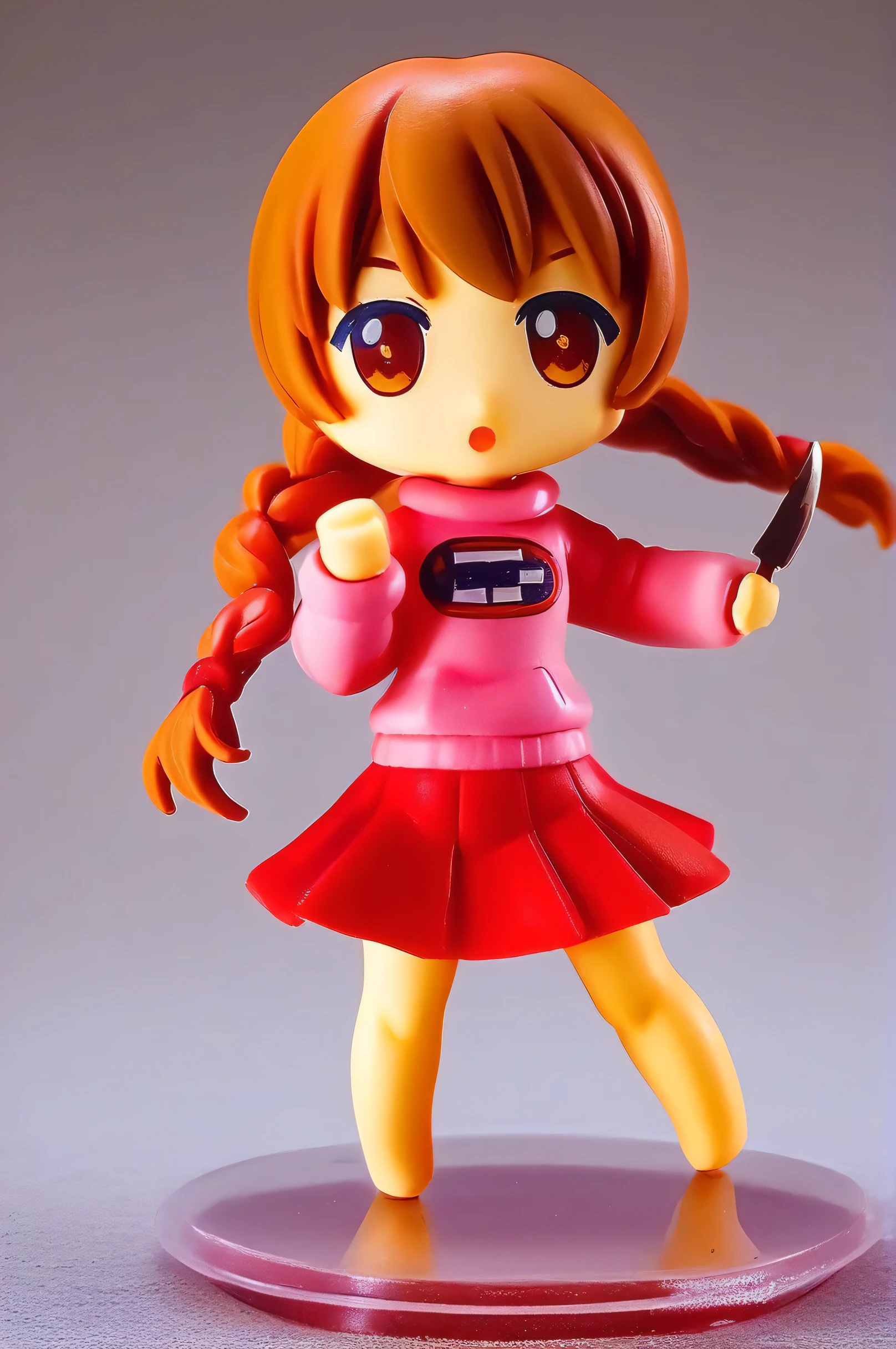 (pvc figure style:1.4), figure,score_9, score_8_up, score_7_up, score_6_up, score_5_up, score_4_up, source_anime, madotsuki, braid, hair over shoulder, long hair, twin braids, twintails, brown hair, brown eyes, long sleeves, pink sweater, pleated skirt, red skirt, skirt, sleeves past wrists, sweater, holding kitchen knife, musical note, epic pose, cowboy shot, dynamic pose, wide shot, solo, dutch angle, teenager, figure, (best quality, masterpiece), traditional media, basic background, blurry background, cowboy shoot:1.3, (foggy background, inside, clear room, on table:1.2), chibi, kawaii, cute, nendoroid,