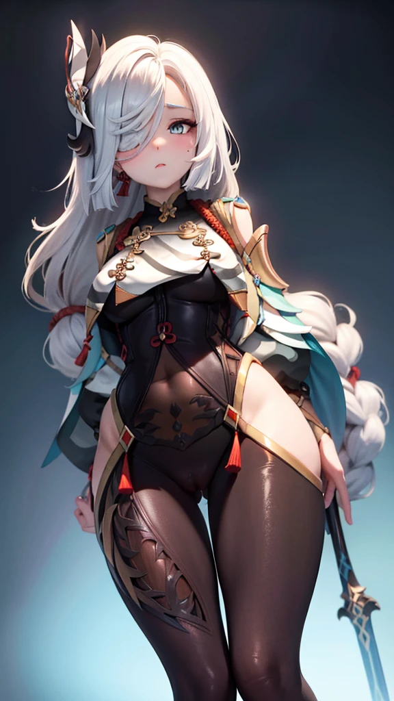 1girl, (from below), (bottom view), (thick thighs), , looking at viewer, looking down, (black pantyhose), white hair, (hourglass figure)