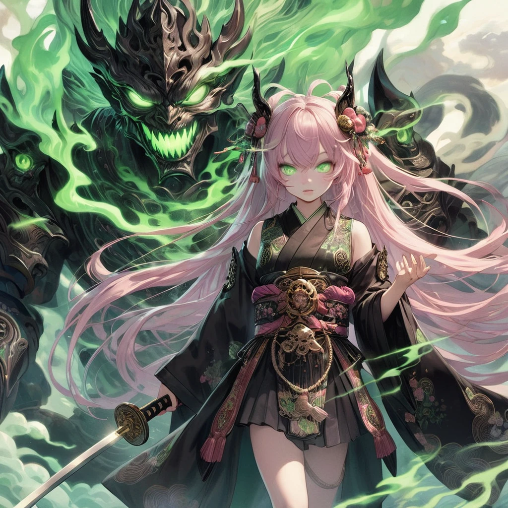 masterpiece, highest quality, A full-body illustration from the front. The main character is a young girl in a traditional Japanese long black outfit with long pink hair. She is holding a sword and behind her is a huge, menacing spirit with a terrifying expression and wearing elaborate armor. Green smoke swirls around her. Her eyes are green, matching the aura of the spirit. The overall scene is dynamic and vivid, with a mysterious and otherworldly atmosphere.