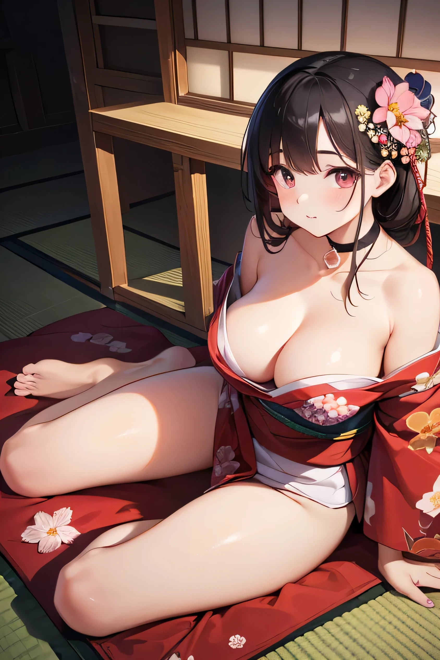 (Photorealistic:1.8, Highest quality:1.8,8K masterpiece:1.8,High resolution,Mastepiece:1.8,RAW Photos,Cinematic lighting)、1 Masochist Woman、Prone、Turn around、Top view angle、
(Japanese Kimono、A super mini kimono with a beautiful and cute orchid-style floral pattern:1.5、choker)、Breast Rope、Thigh rope、(Shoulders bare:1.3)、Bare thighs、Beautiful fair skin、barefoot、Black Pink Jenny's pause、Random Pause