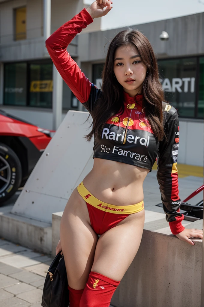 A Korean girl with a Ferrari Formula 1 team theme, with a sexy outfit referring to the Ferrari team, with red, black and yellow colors with a car referring to the Ferrari team