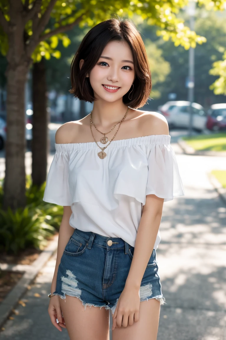 ((masterpiece)), ((best quality)), (ultra-detailed), ((kawaii)), cute, (lovely), ((extremely detailed)), 4K, (8K), best quality, (beautiful), illustration, dignified, (portrait:1.3), a cute girl, 1girl, Japanese, solo, (tan skin:1.3), off-shoulder shirt, short shorts, (park), (beautiful black hair), short bob cut, hair blowing in wind, beautiful blue eyes, ((beautiful eyes)), lip, necklace, laughing, blush, shiny,