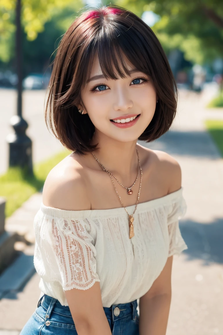 ((masterpiece)), ((best quality)), (ultra-detailed), ((kawaii)), cute, (lovely), ((extremely detailed)), 4K, (8K), best quality, (beautiful), illustration, dignified, (portrait:1.3), a cute girl, 1girl, Japanese, solo, (tan skin:1.3), off-shoulder shirt, short shorts, (park), (beautiful black hair), short bob cut, hair blowing in wind, beautiful blue eyes, ((beautiful eyes)), lip, necklace, laughing, blush, shiny, 