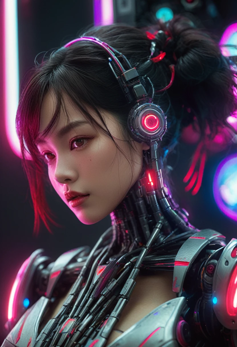 xxmixgirl. Highly detailed professional 35mm film, bokeh, face in sharp focus. A robotic female, Miku, with ((metal skin)), ((perfect Asian eyes)) with magenta irises and ((black pupils)), beautiful serious (detailed face), 18 year old ((photorealistic face)), very long magenta twin tails of magenta hair, twin black hair ties with a single red stripe. She may have a black audio headpiece. We can see her ((full body)) down to her boot soles. Her outfit is a sleeveless collared light grey shirt, outlined in red around the frilled collar and hems. Shiny reflective ((metallic breast cups, dimpleless)), invisible nipples. She wears black sleeves with red hems that start around her upper arm and bellow out as the sleeves open and extend to her wrists, with wide trumpet red rimmed cuffs. She has perfect robotic (detailed hands). She wears a red colored tie with two horizontal solid parallel black lines halfway across. She wears a fabric black skirt with a horizontal red hem at the bottom all the way around; her (((black skirt wraps around her))) and ((her skirt completely covers)) her robotic waist and thighs. Tall black boots with red bottom soles, a red rim around the top at her thighs. Her mechanical shoulder joints are visible. We can see her robotic legs and robotic neck. Half of her is covered with shiny polished machinery. The background is a distant dark neon futuristic Japanese city, gold, cyan, violet neon, near harbor or mountains.