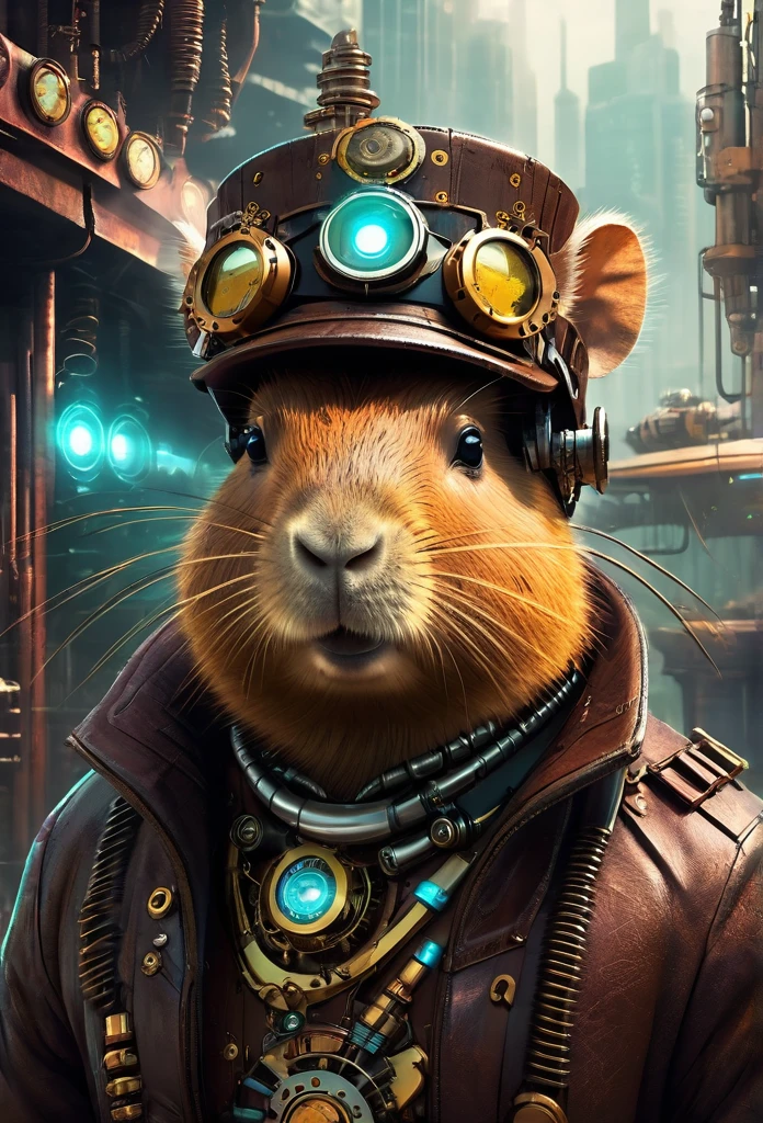 "(((Cybernetic capybara))) adorned with steampunk elements, blending seamlessly into a cyberpunk environment, (mysterious) and (dystopian) ambiance, (masterpiece) of digital art