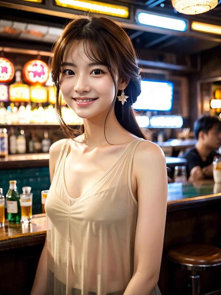 A very cute face like an idol、Looks like a young face、20-year-old female、Gentle and cute、A kind smile、((See-through clothes))、(((whole bodyの姿)))、Cleavage、A crowded bar、Cinema lighting、Natural light、whole body、RAW Photos、Genuine、(Artistic)、High level of artistry、High quality that is indistinguishable from real life、realism、Real Stick、High resolution、masterpiece