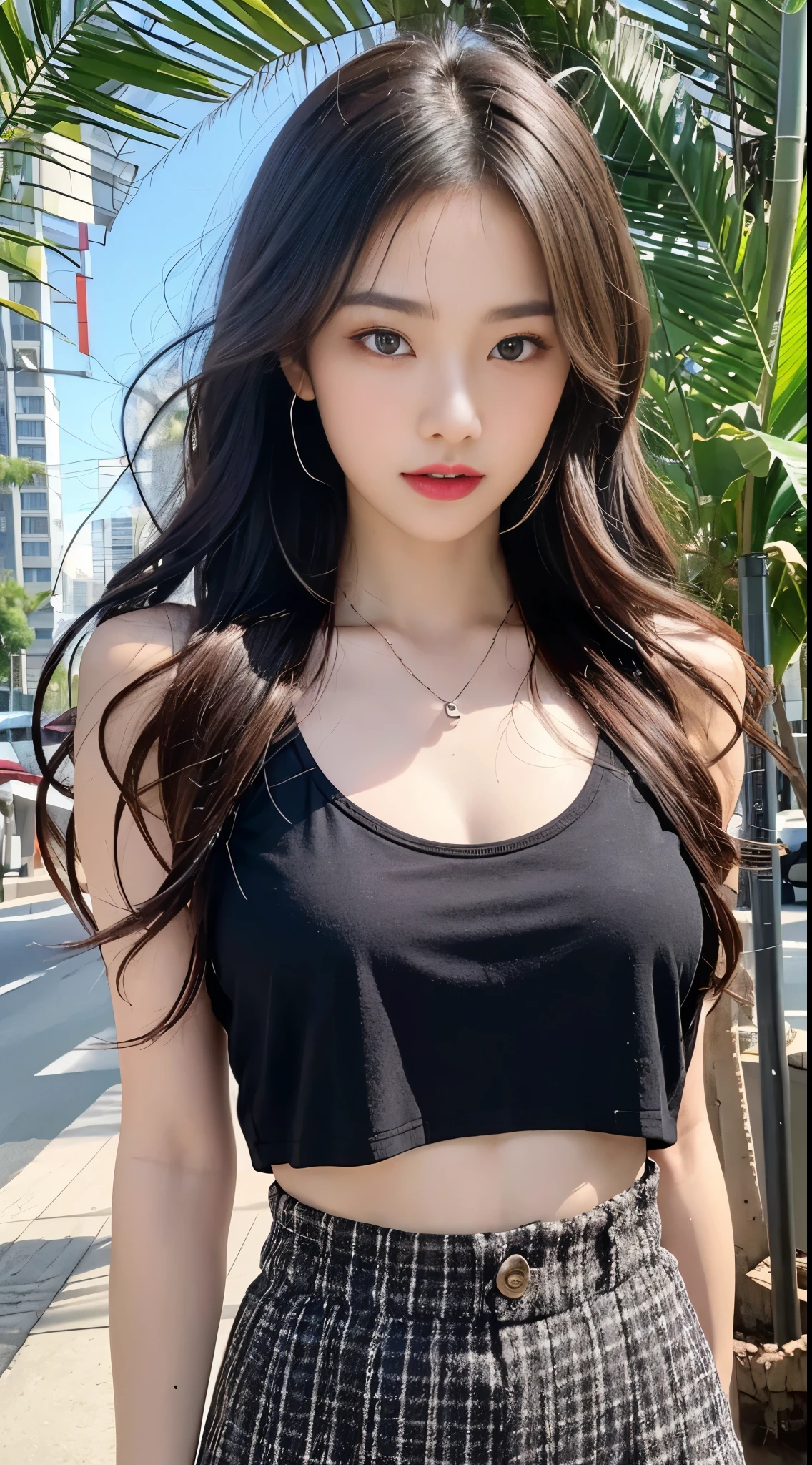 ((Realistic lighting、Highest quality、8K、Masterpiece:1.3))、Clear focus:1.2、 girl、Perfect Body Beauty:1.4、Slim Abs:1.1、whole body、((Dark brown hair、Large :1.3))、(Acceleration:1.4)、(nice、Dawn:1.1)、View of Waikiki Beach、Palm tree、Narrow Face、Beautiful Eyes、double eyelid、Fashion model posing、Floating Hair、T-Shirts、pendant、