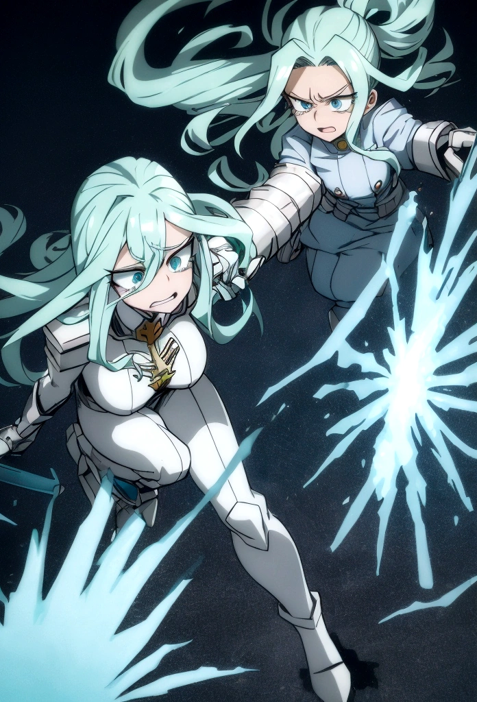 screenshot my hero academia, very beautiful woman, long wavy hair, light green hair, light blue eyes, wearing a short light blue hero suit, holding an ice scepter, full body, crying, fighting with villains , anime style, my hero academia style, ice background