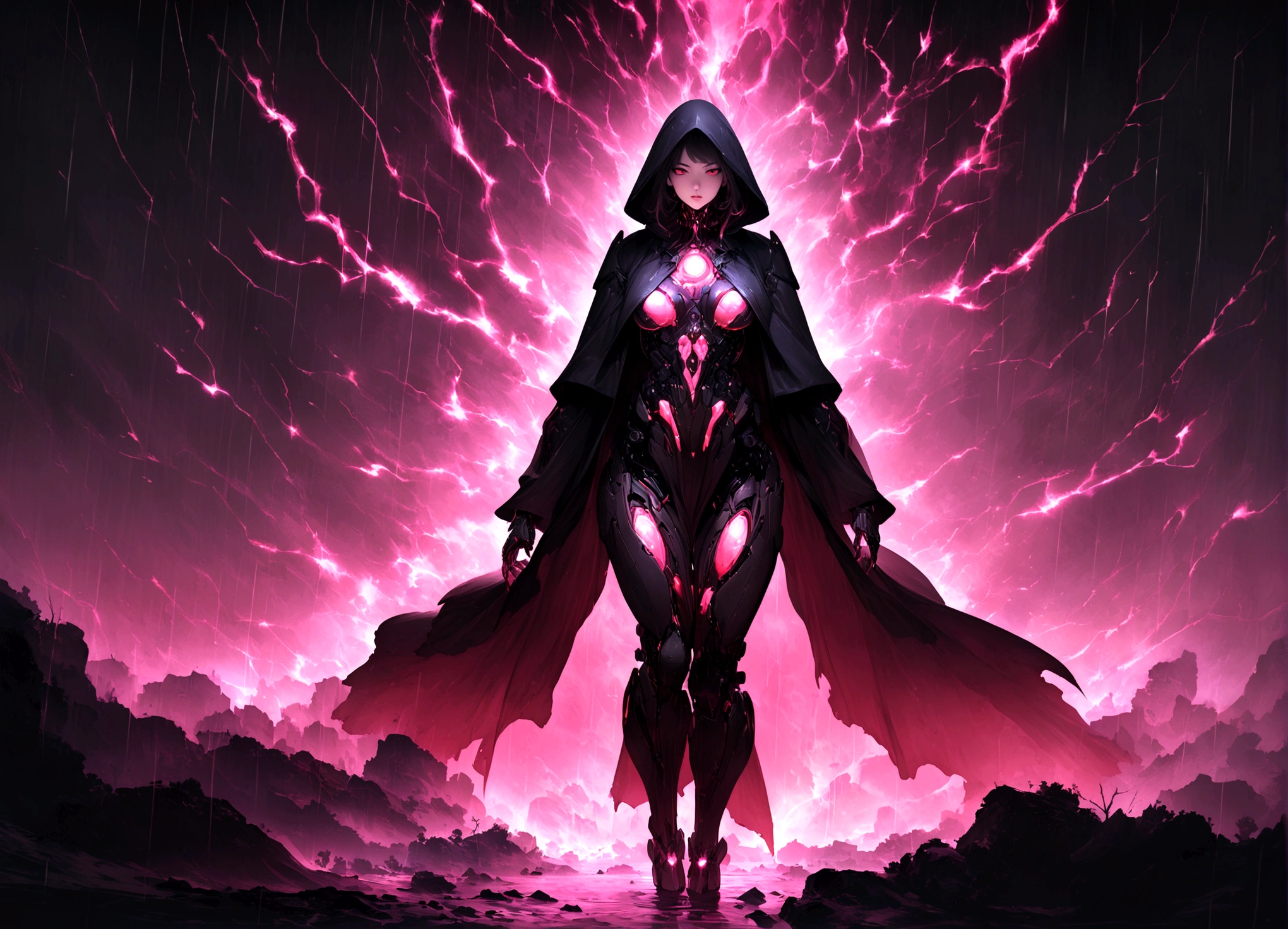 masterpiece, cyborg, The body is glamorous、, Wearing a hood, Shrouded in shadow, , Positano colours, Completely in frame, whole body, Emits electrical energy, whole body, Beautiful anime waifu style man, Ultra-detailed CG paintings, Luminism, Art by Kahn Griffith and Vadim Kashin Concept Art, 8K resolution, Fractal isometric details Bioluminescence , complicatedly detailed , Cinematic, trending on art station Isometric Centered hyper Realistic cover photo awesome full color,  Grainy, Realistic, complicated, Hit definition , Cinematic, Bold, Vibrant, amazing, Super high quality model、Being pelted by rain in the dark、Controlling Lightning、Red eyes