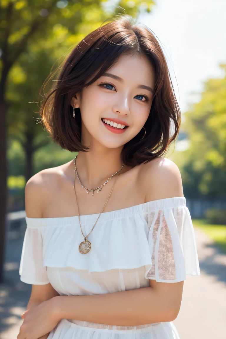 ((masterpiece)), ((best quality)), (ultra-detailed), ((kawaii)), cute, (lovely), ((extremely detailed)), 4K, (8K), best quality, (beautiful), illustration, dignified, (portrait:1.3), a cute girl, 1girl, Japanese, solo, (tan skin:1.3), off-shoulder shirt, short shorts, (park), (beautiful black hair), short bob cut, hair blowing in wind, beautiful blue eyes, ((beautiful eyes)), lip, necklace, laughing, blush, shiny, 