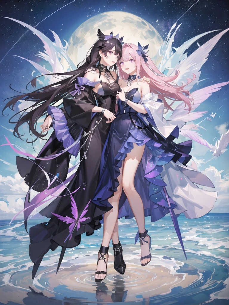 girl,full body,(detailed face:1.2), Masterpiece, fashion,black dress,, medium hair, light pink purple hair, purple pink eyes,There are wings hanging on the head.,white background,vtuber,full HD,The bat wings on the left side of the head are white.,Long hair braided in the back,Shoulder length front hair,purple highlighted hair color,There is a black choker on the neck.,full body,หน้าชัดมาก,สมบูรณ์แบบ,ลายชุดเป็นดาวสีเหลือง,ลายชุดสีเหลืองลายเงาค้างคาวที่ชายกระโปงและเสื้อ,กระโปร่งสั้นเหนือเขา,ยิ้มมีความสุข,ผู้หญิงคนเดียว,หน้าตาสดใส,ดวงตาข้างในเป็นรูปหัวใจ