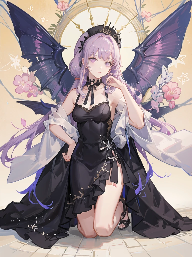 girl,full body,(detailed face:1.2), Masterpiece, fashion,black dress,, medium hair, light pink purple hair, purple pink eyes,There are wings hanging on the head.,white background,vtuber,full HD,The bat wings on the left side of the head are white.,Long hair braided in the back,Shoulder length front hair,purple highlighted hair color,There is a black choker on the neck.,full body,หน้าชัดมาก,สมบูรณ์แบบ,ลายชุดเป็นดาวสีเหลือง,ลายชุดสีเหลืองลายเงาค้างคาวที่ชายกระโปงและเสื้อ,กระโปร่งสั้นเหนือเขา,ยิ้มมีความสุข,ผู้หญิงคนเดียว,หน้าตาสดใส,ดวงตาข้างในเป็นรูปหัวใจ