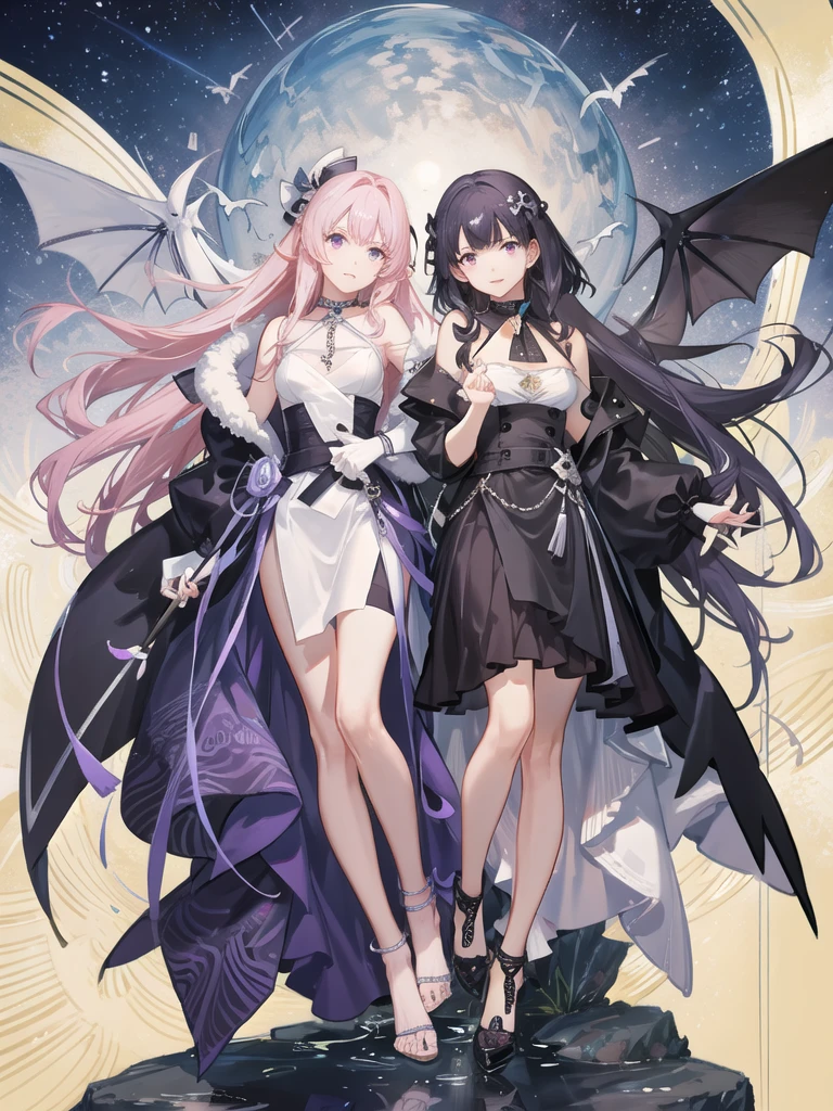 girl,full body,(detailed face:1.2), Masterpiece, fashion,black dress,, medium hair, light pink purple hair, purple pink eyes,There are wings hanging on the head.,white background,vtuber,full HD,The bat wings on the left side of the head are white.,Long hair braided in the back,Shoulder length front hair,purple highlighted hair color,There is a black choker on the neck.,full body,หน้าชัดมาก,สมบูรณ์แบบ,ลายชุดเป็นดาวสีเหลือง,ลายชุดสีเหลืองลายเงาค้างคาวที่ชายกระโปงและเสื้อ,กระโปร่งสั้นเหนือเขา,ยิ้มมีความสุข,ผู้หญิงคนเดียว,หน้าตาสดใส,ดวงตาข้างในเป็นรูปหัวใจ