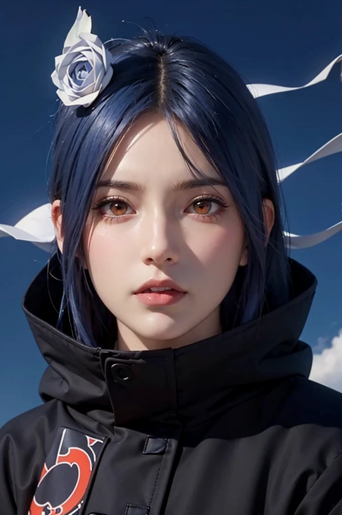 dark blue sky, many flying papers, 1 girl, ultra realistic, high res, highly detail, masterpiece, best quality, Konan of Naruto, close shot, looking at viewer, flying in the sky, sky background, konan, short hair, hair ornament, blue hair, flower, hair flower, (orange eyes:1.2), (labret piercing:1.2), eyeshadow,coat, cloak, black coat, black cloak, (akatsuki uniform:1.5), akatsuki \(naruto\), long face, oval face, 35 year old adult face