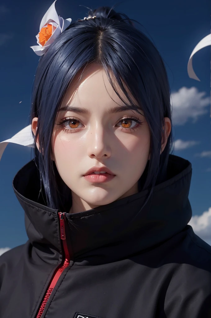 dark blue sky, many flying papers, 1 girl, ultra realistic, high res, highly detail, masterpiece, best quality, Konan of Naruto, close shot, looking at viewer, flying in the sky, sky background, konan, short hair, hair ornament, blue hair, flower, hair flower, (orange eyes:1.2), (labret piercing:1.2), eyeshadow,coat, cloak, black coat, black cloak, (akatsuki uniform:1.5), akatsuki \(naruto\), long face, oval face, 35 year old adult face