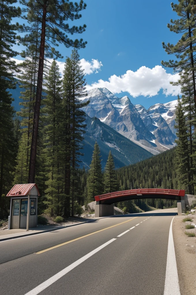 Cartoon of vehicular bridge entrance with mountains and pine trees background