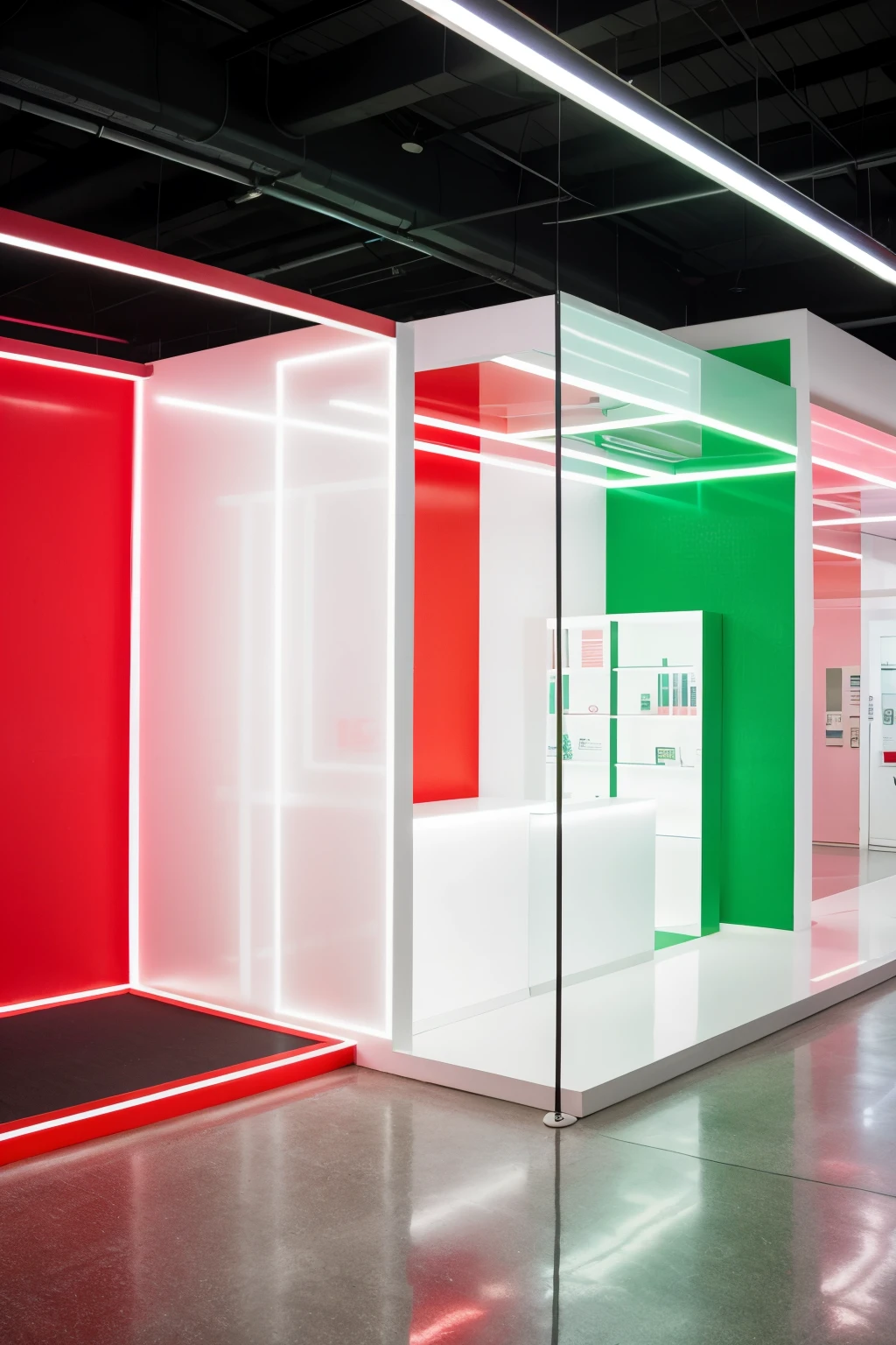 Create an image of a rectangular entrepreneurship museum with bright red and white colors. The museum must have the name "Kalary" prominent at the entrance and within the space, with holographic projections that tell the story of student innovation and creativity. Hexagon Honeycomb Shelves (of many pastel colors) display products, and the environment must be modern and energizing, with LED lighting in white and red tones, in addition to interactive stations to learn about the entrepreneurial process.