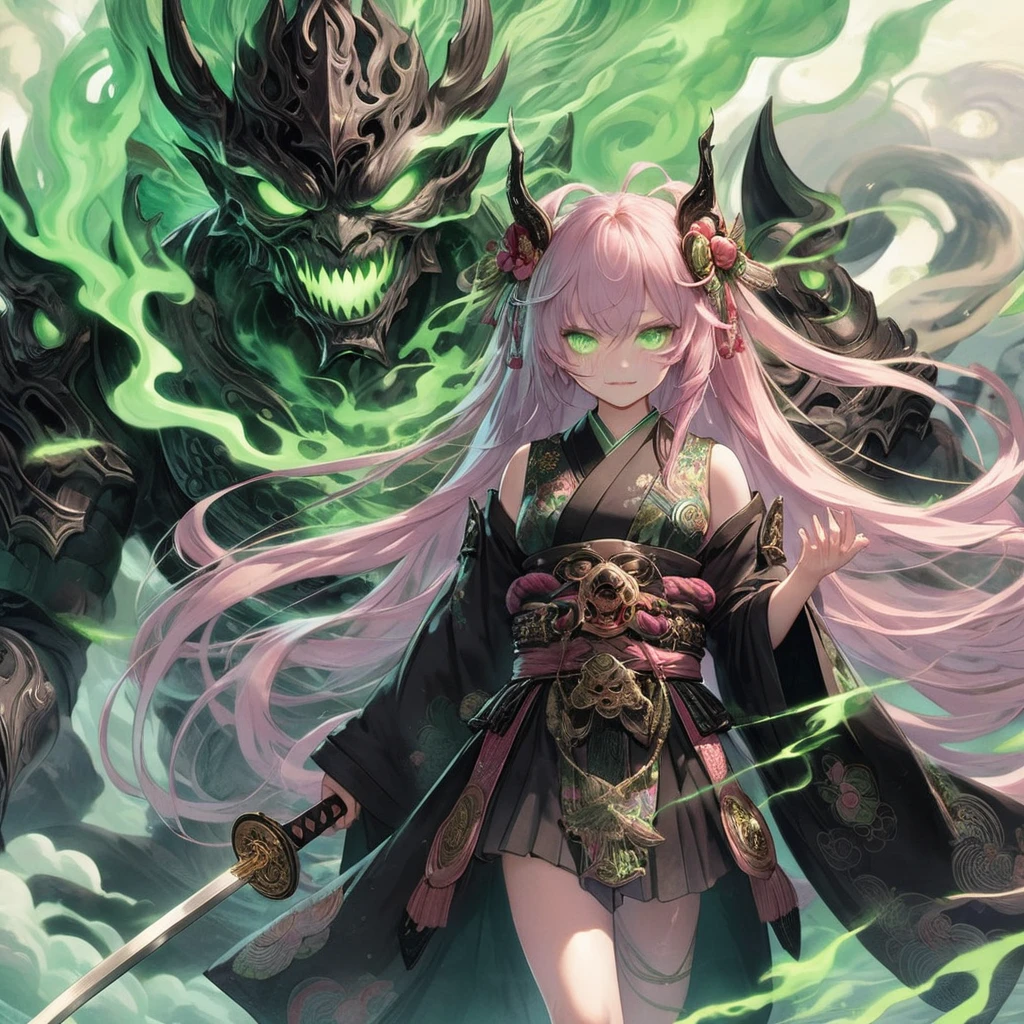 masterpiece, highest quality, A full-body illustration from the front. The main character is a young girl in a traditional Japanese long black outfit with long pink hair. She is holding a sword and behind her is a huge, menacing spirit with a terrifying expression and wearing elaborate armor. Green smoke swirls around her. Her eyes are green, matching the aura of the spirit. The overall scene is dynamic and vivid, with a mysterious and otherworldly atmosphere.