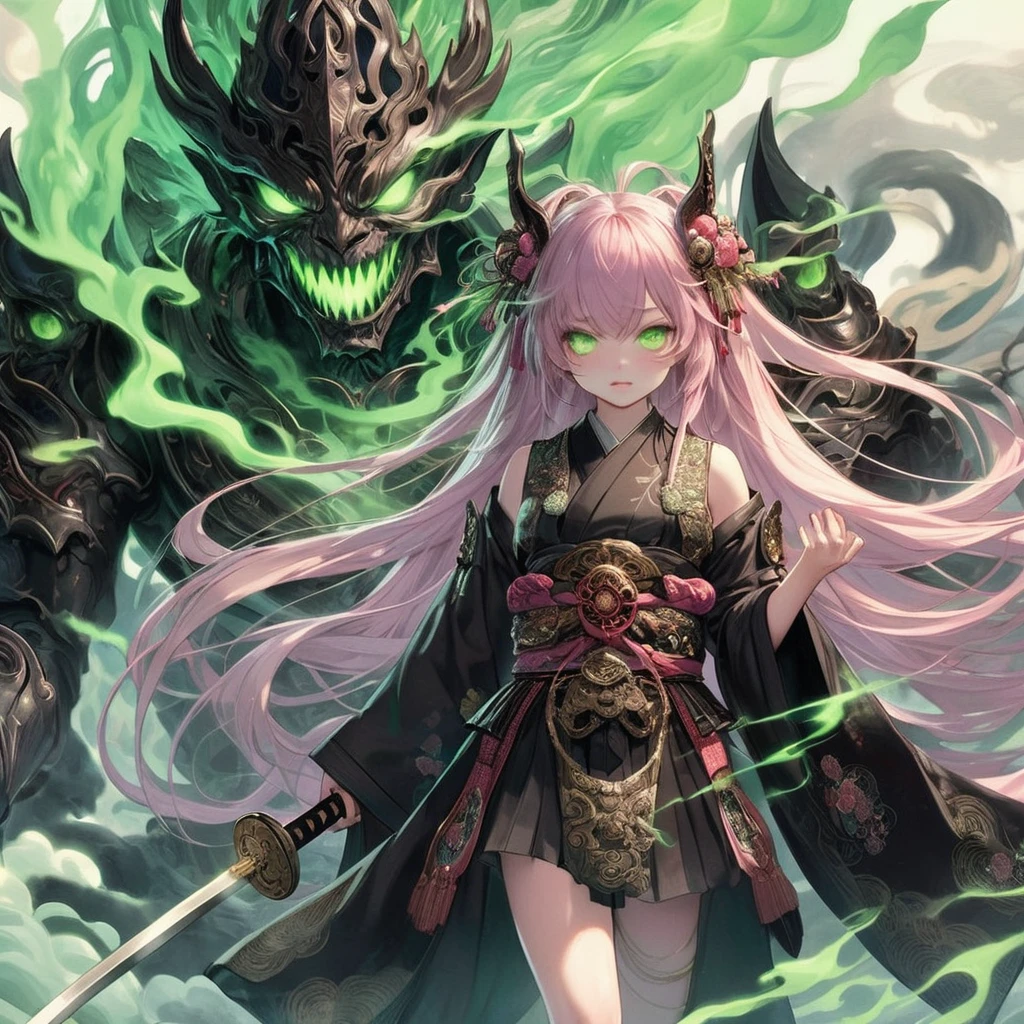 masterpiece, highest quality, A full-body illustration from the front. The main character is a young girl in a traditional Japanese long black outfit with long pink hair. She is holding a sword and behind her is a huge, menacing spirit with a terrifying expression and wearing elaborate armor. Green smoke swirls around her. Her eyes are green, matching the aura of the spirit. The overall scene is dynamic and vivid, with a mysterious and otherworldly atmosphere.