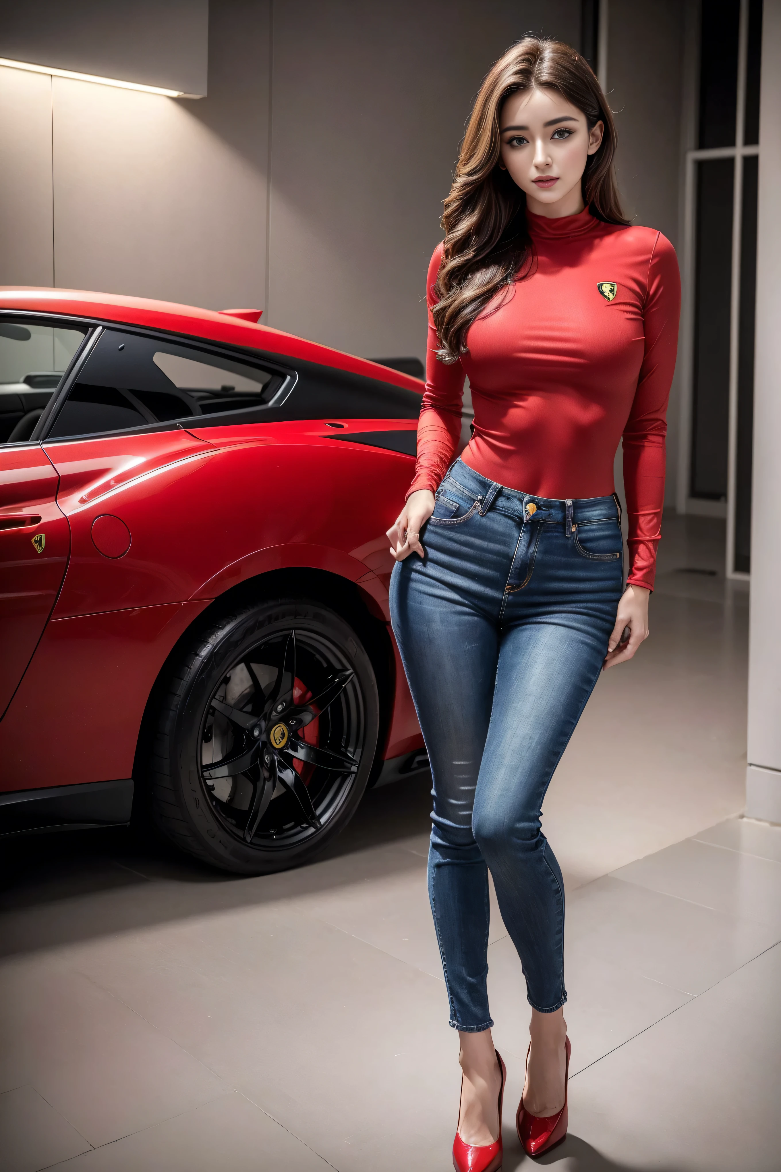 (best quality,4K,high resolution,masterpiece:1.2),Very detailed,Practical,photoPractical:1.37,portrait,beautiful eyes,Delicate lips,Strong gaze,Beautiful figure,Curved hips,Slim waist,Wide hips,Red Racing,Red shirt and jeans,Alfa Romeo Ms....,Wear tight, Simple clothes,Kimi Bella,F1 driver Charles Leclerc,Red clothing with Ferrari logo,Tight clothing,Upright posture,Confident look,Radiant Skin,Heavy makeup,Bold Hairstyle,Stunning model-like features,Long legs,Stilettos,Thigh width,Elegant Posture,charming,Photo shooting settings,Studio Lighting,High contrast,Rich colors,Sexy atmosphere,emotional atmosphere.