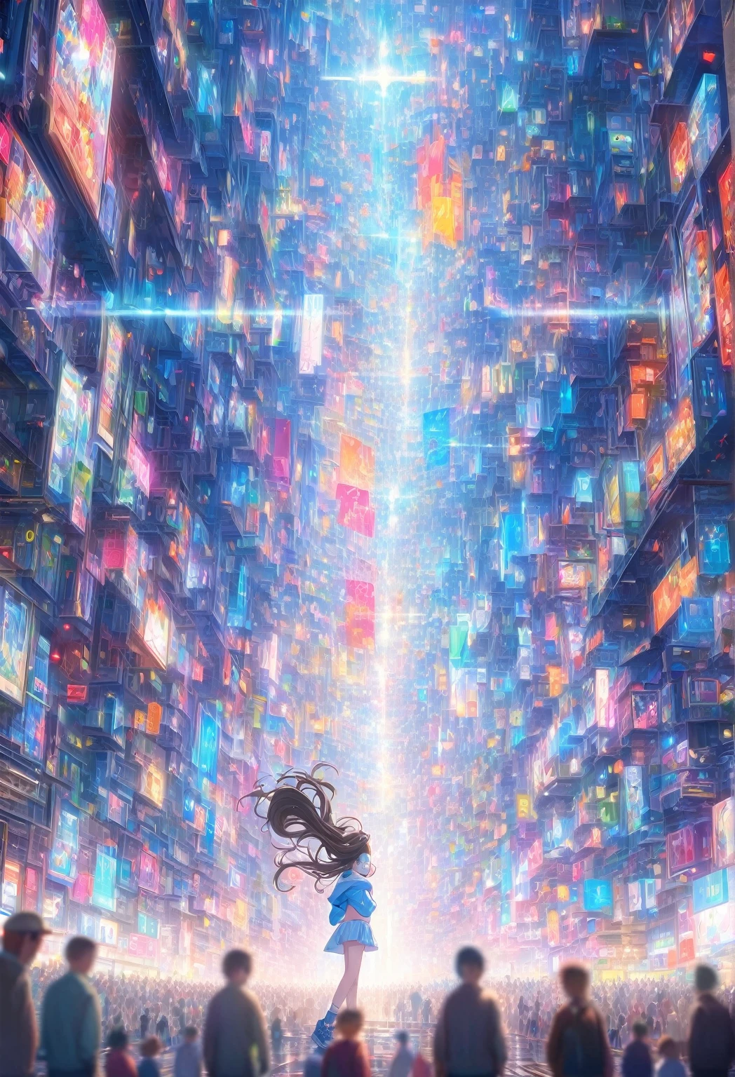 ((masterpiece:0), best quality, very aesthetic, newest, absurdres, detailed, high quality)
BREAK
highest quality, top quality, details, highres, ultra fine painting, digital art, official art, cinematic, 4k, 8k resolution, 8K CG wallpaper, CG, original artwork, detailed background, colorful background, blue atmosphere, High Dynamic Range, blurry background, blue hour, Starburst effects, crepuscular rays, good ISO, high resolution, wide shot, from far away, RAW photo, POV, sharp focus, light reflection, reflections, intricate details, soft light, particle noise, professional photography, bokeh, depth of field, natural lighting, vibrant colors, looking away, detailed lights and shadows, stylish, ultra-detailed, top rated on Pixiv, trending on Artstation, niji style, modern-days, master crafted, pose
BREAK
solo, 1girl, a girl, correct fingers, detailed hair, (medium big breasts:1.2), big thighs, short torso, short body, flushtered, blush, anxious expression, casual, slim, ((cute, childlike face):1.3), nice hips, nice body, brown hair, (long flowing hair:1.1), big 2 buns hairstyle, long bangs, long hair, middle hair bangs, brown eyes
BREAK
((colorful outfit), off shoulder crop top, short skirt, headphone, jacket, casual cap, belts, straps, choker, gloves, boots, (stockings), garterbelt, accessories, outfit ornaments, sneakers, kemonomimi, mouth covers, face mask, 1 tail, correct tail, (full body)) 
BREAK
a person walking down a street with a crowd of people, crowded street, crowded streets, in front of a large crowd, giant crowd, girl walking through city, people walking down a street