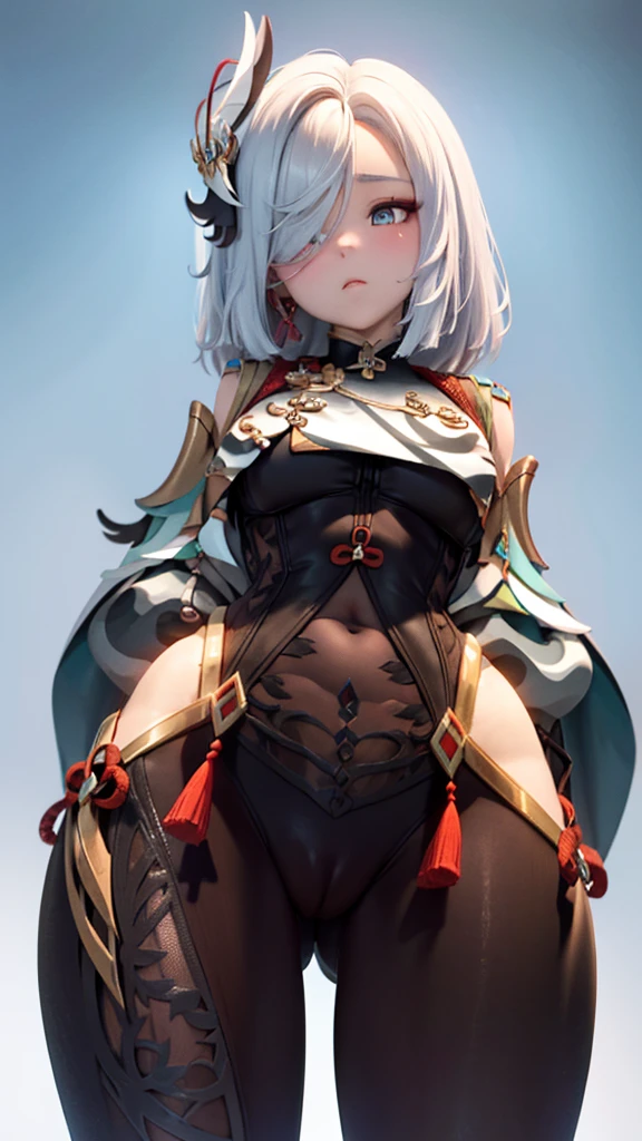 1girl, (from below), (bottom view), (thick thighs), pussy, looking at viewer, looking down, (black pantyhose), white hair, (hourglass figure), ((close up))