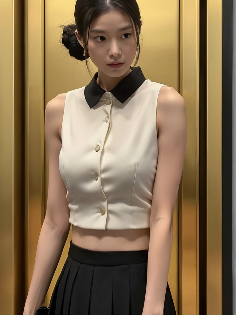 high quality,Perfect body:1.4,Close-up of a beautiful woman,Black bun,White collar sleeveless shirt tied at the bottom,Black long skirt,Showing a slim waist, abdomen and navel,Right hand grabs the black handbag on the right shoulder,Stand up straight, chest and abdomen tucked in,Body facing the audience,Waiting patiently alone in the golden elevator。
