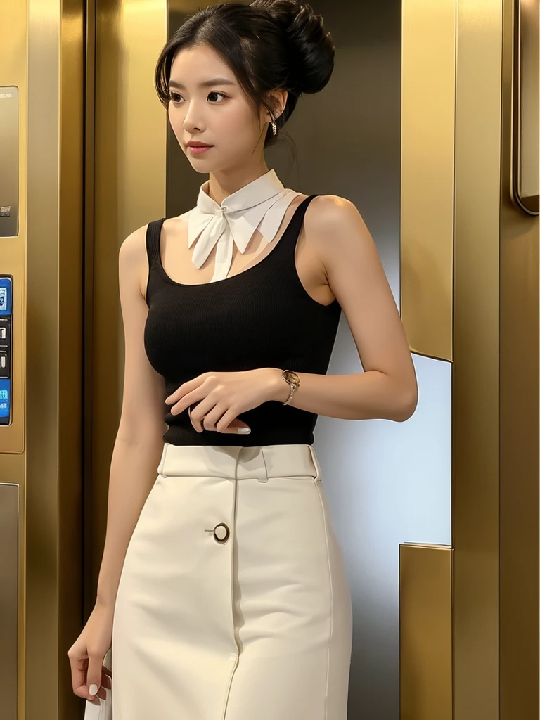 high quality，Perfect body：1.4，Close-up of a beautiful woman，Black bun，White collar sleeveless shirt tied at the bottom，Black long skirt，Showing a slim waist, abdomen and navel，Right hand grabs the black handbag on the right shoulder，Stand up straight, chest and abdomen tucked in，Body facing the audience，Waiting patiently alone in the golden elevator。