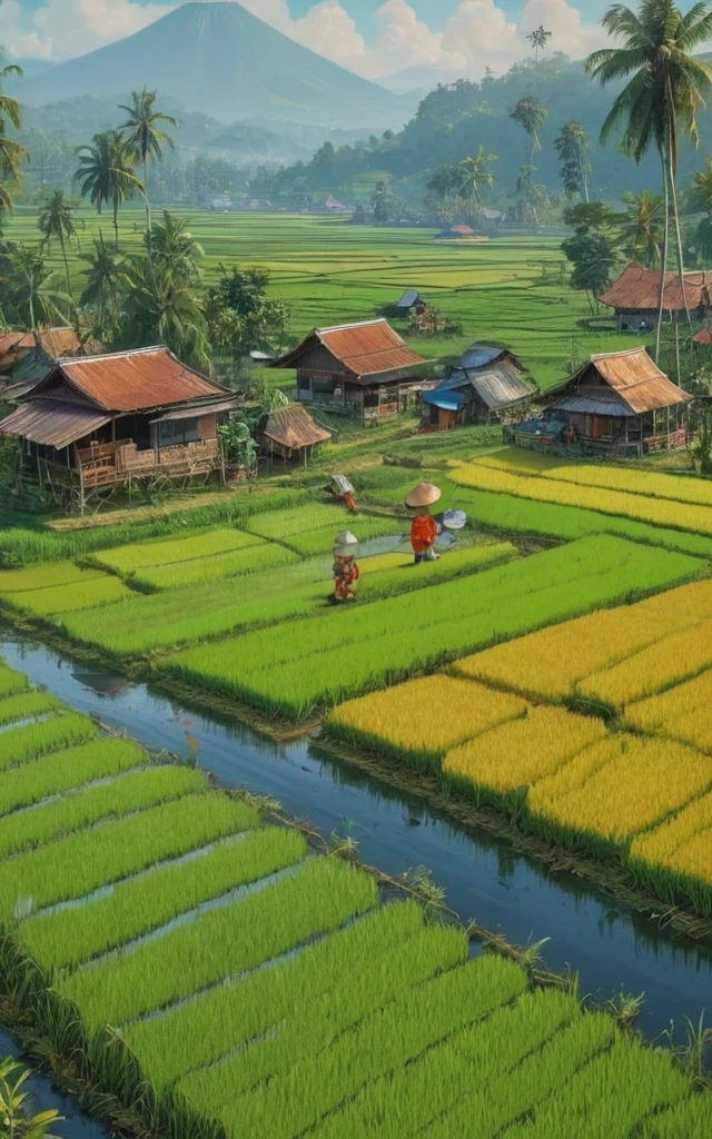 Beautiful Indonesian landscape, paddy rice field by Richard Scarry, (best quality, masterpiece, Representative work, official art, Professional, Ultra intricate detailed, 8k:1.3)
