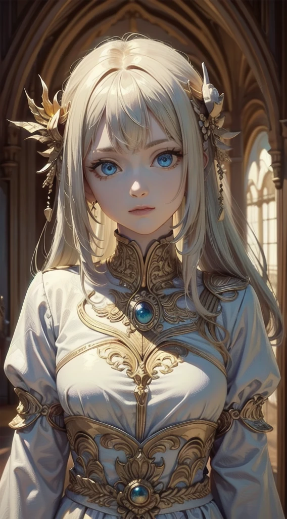 (Masterpiece, Best quality, Upper body:1.4), 1 Girl, (Close-up:1.1), Sublime walls, Castle hall, blue eyes, 8K, RAW photos, absurd, Fractal, Perspective, Depth of Field, High-density imaging review, Sharp focus, A high resolution, Photography, Realistic, Highest detail, extreme detailed details, Ultra-detailed, Fine details, IvoryGoldAI