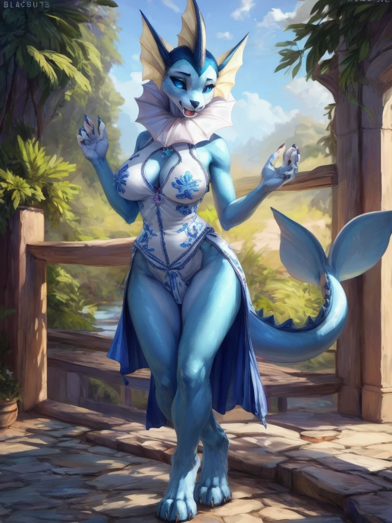 uploaded on e621, explicit content, 3d:0.4, (bastika, cutesexyrobutts, hioshiru), (furry, anthro:1.2), female, solo, vaporeon, detailed hands, beautiful hands, detailed blue eyes, beautiful blue eyes, looking at viewer, smiling, large breasts, wide hips
BREAK
cheongsam, sideboob, side slit:1.3, blue dress, (silver cheongsam embroidery), (silver Chinese pattern), (pattern), sleeveless, long pelvic curtain, 
masterpiece, (solo),
digitigrade, paws, furry girl, reflective eyes, extremely fluffy body fur, blushing, fangs, claws, glossy fur,