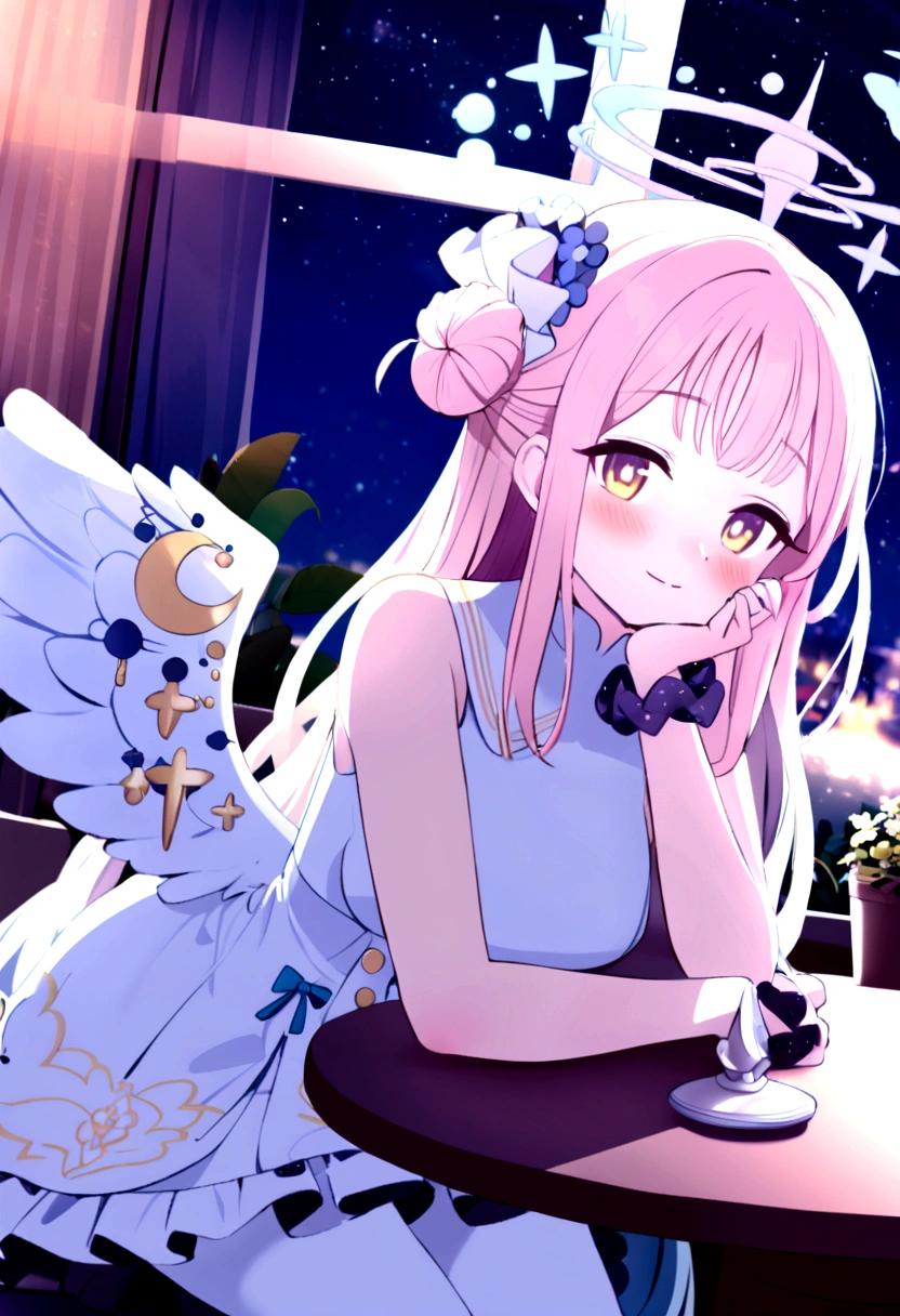 1girl, mika \(blue archive\), solo, scrunchie, wings, pink hair, wrist scrunchie, looking at viewer, flower, dress, hair ornament, long hair, head rest, yellow eyes, white dress, night, sleeveless, white pantyhose, hair bun, sleeveless dress, single side bun, hair flower, sitting, window, white wings, halo, blush, bangs, crescent, low wings, frilled dress, potted plant, indoors, angel wings, star \(sky\), sky, frills, night sky, pantyhose, blurry background, very aesthetic, absurdres