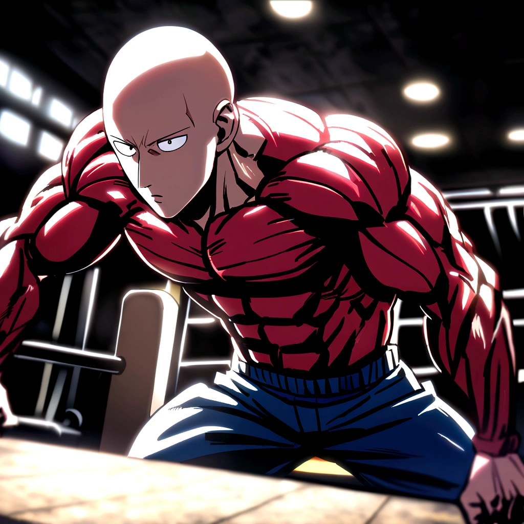 saitama prefecture ((Bald)), Punch Man, Masculine, Intense training at the bodybuilding gym, Clear and detailed muscles,