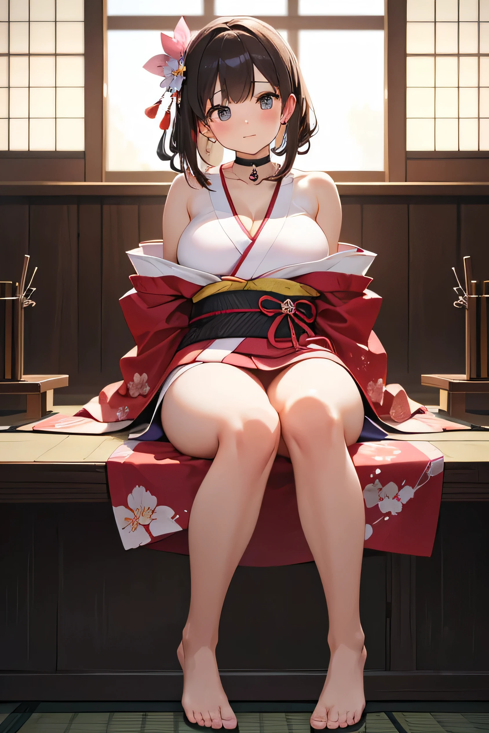 (Photorealistic:1.8, Highest quality:1.8,8K masterpiece:1.8,High resolution,Mastepiece:1.8,RAW Photos,Cinematic lighting)、1 Masochist Woman、Angle view from below、
(Japanese Kimono、A super mini kimono with a beautiful and cute orchid-style floral pattern:1.5、choker)、Breast Rope、Thigh rope、(Shoulders bare:1.3)、Bare thighs、Beautiful fair skin、barefoot、Black Pink Jenny&#39;s pause、Random Pause