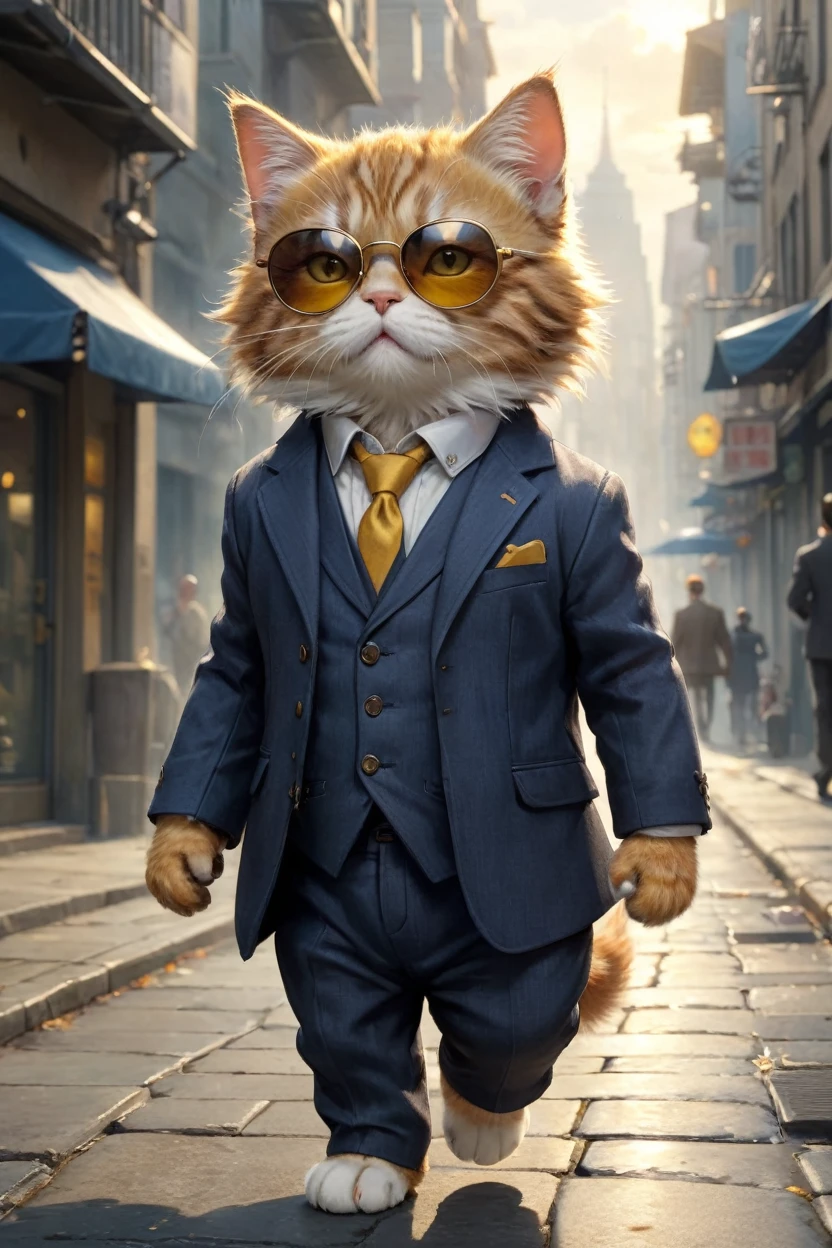  small, かわいいbornき物,Wearing a suit、sunglasses、 whole body,Walking through a peaceful modern city, Costumes,、 Fantasy art, Exquisite detail, Jean-Baptiste Monge Style, 、Alan Lee Style, An anthropomorphic, fat, furry tabby kitten with yellow eyes, Movie Scenes, Dramatic shot angles, , Realistic, born々Amazing cinematic photorealism, Action Portrait, 8K, detailed, Full Frame