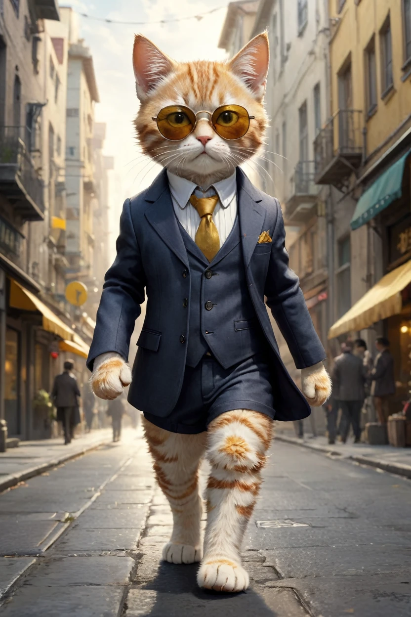 small, かわいいbornき物,Wearing a suit、sunglasses、 whole body,Walking through a peaceful modern city, Costumes,、 Fantasy art, Exquisite detail, Jean-Baptiste Monge Style, 、Alan Lee Style, An anthropomorphic, fat, furry tabby kitten with yellow eyes, Movie Scenes, Dramatic shot angles, , Realistic, born々Amazing cinematic photorealism, Action Portrait, 8K, detailed, Full Frame