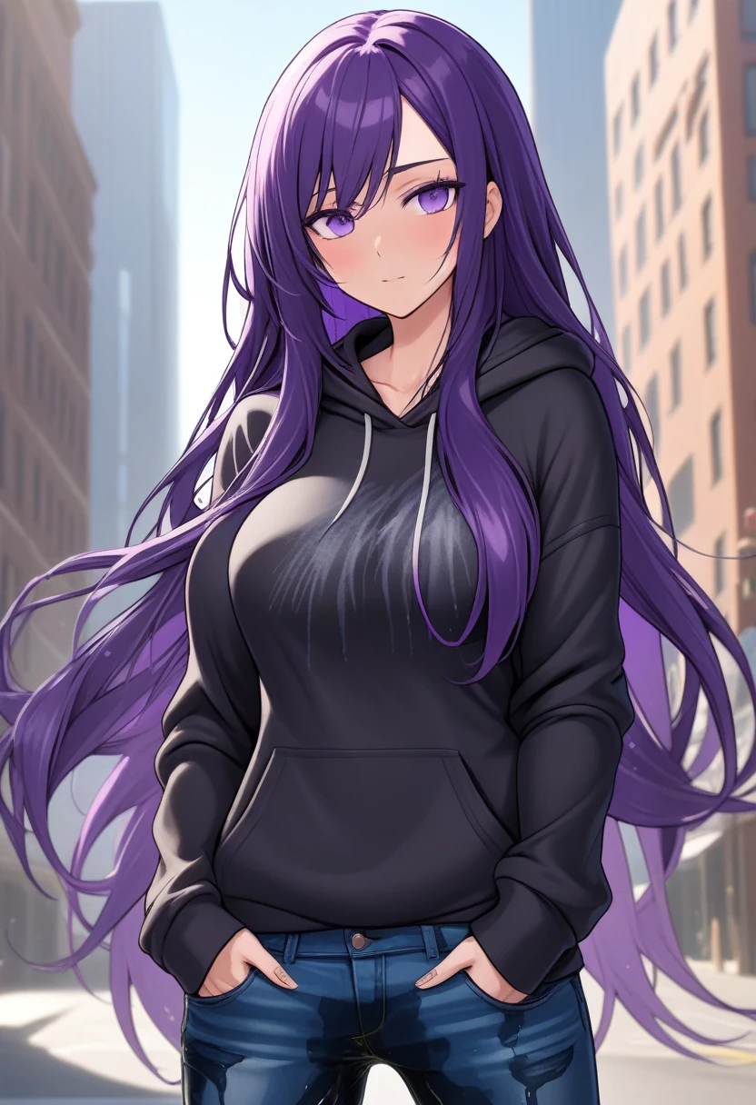 (masterpiece:1.37), best quality, (extremely detailed:1.37) woman, (mature:1.75), (adult:1.5), (very long hair:1.5), dark purple hair, purple eyes, (extremely detailed eyes:1.37), breasts stylish hoodie, jeans, (wetting herself:2.0), standing straight, full body day, daytime, glow, facing viewer, perfect composition, full body, city, street