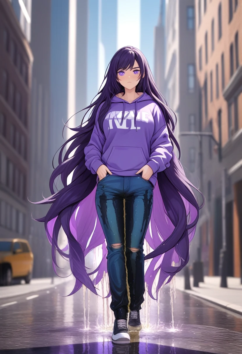 (masterpiece:1.37), best quality, (extremely detailed:1.37) woman, (mature:1.75), (adult:1.5), (very long hair:1.5), dark purple hair, purple eyes, (extremely detailed eyes:1.37), breasts stylish hoodie, jeans, (wetting herself:2.0), standing straight, full body day, daytime, glow, facing viewer, perfect composition, full body, city, street