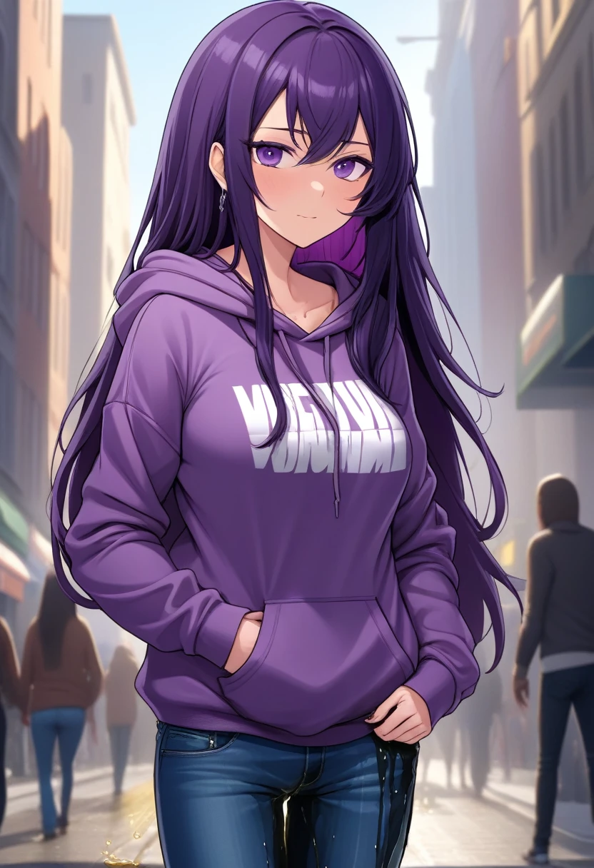 (masterpiece:1.37), best quality, (extremely detailed:1.37) woman, (mature:1.75), (adult:1.5), (very long hair:1.5), dark purple hair, purple eyes, (extremely detailed eyes:1.37), breasts stylish hoodie, jeans, (wetting herself:2.0), standing straight, full body day, daytime, glow, facing viewer, perfect composition, full body, city, street